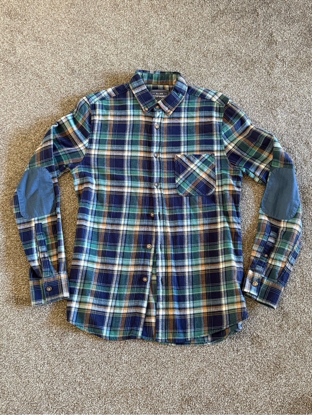 TOPMAN Men's Blue & Green Plaid Button-Up Shirt with Elbow Patches - Sz Small
